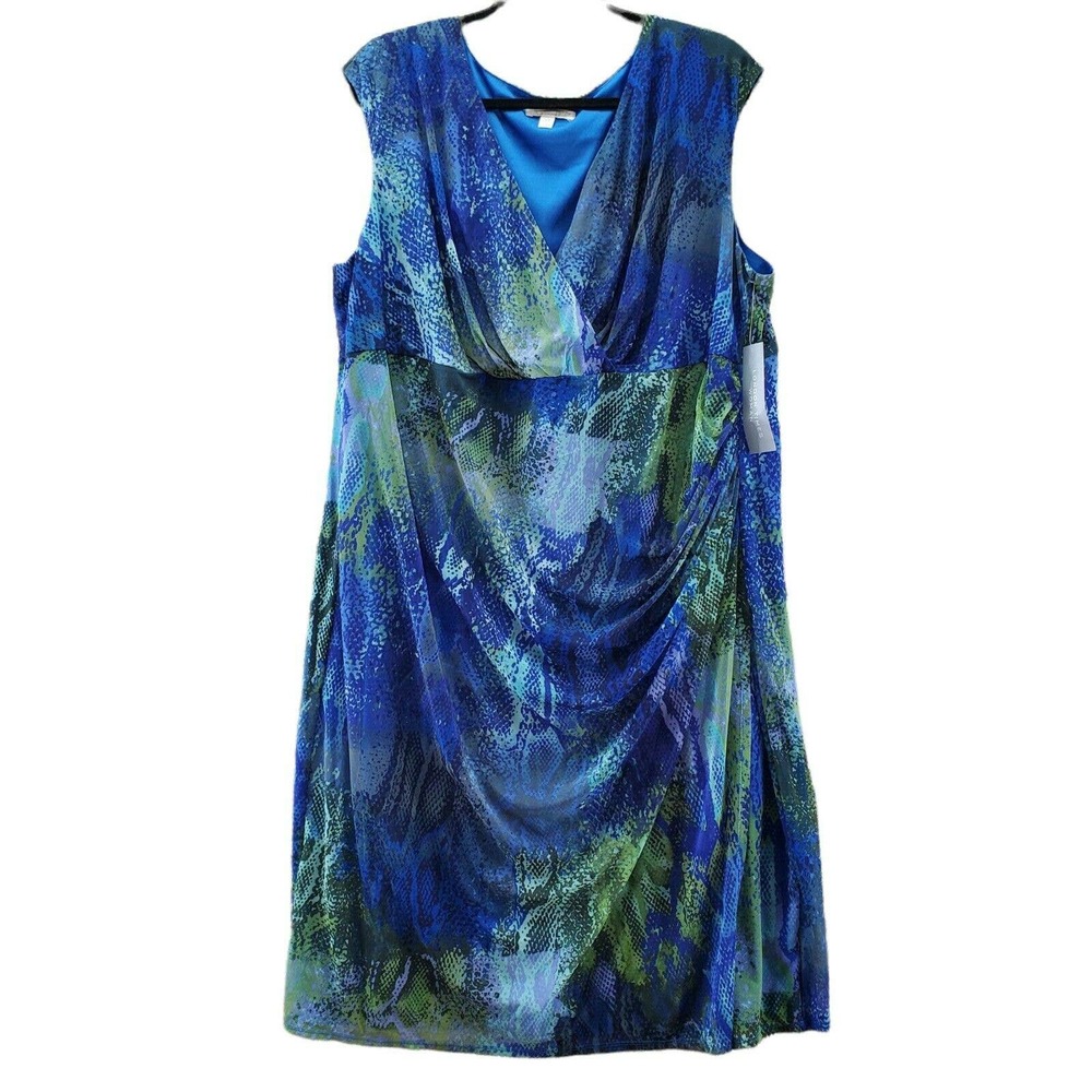 London Times Womens Dress Plus Size 24W Blue Green Sleeveless Snake Print Summer